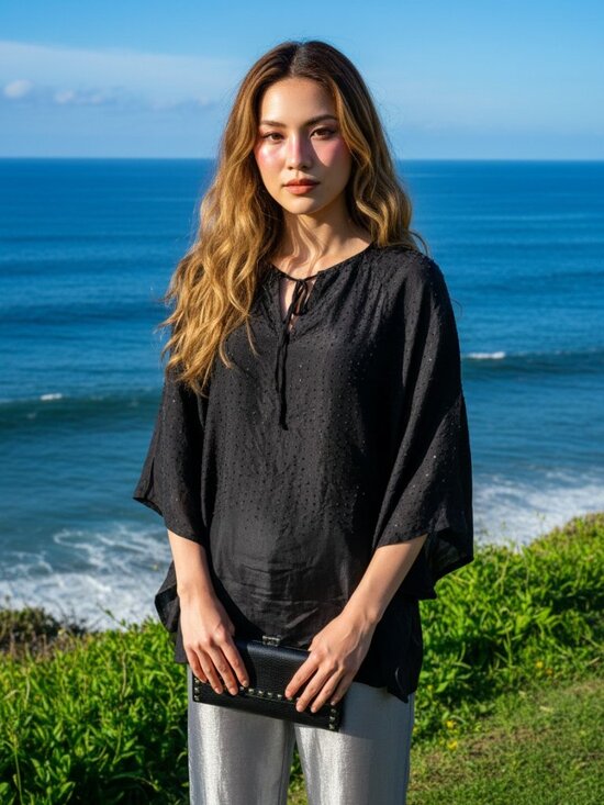Vintage Tops - VTG Y2K Da-Nang Silk Kimono Blouse XS Black Beaded Boho Luxe Tunic Top Da Nang